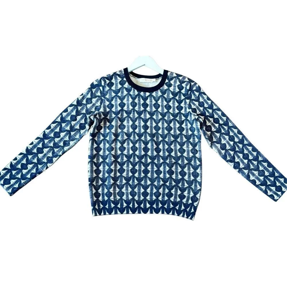 Tory Burch Tia blue printed merino wool crewneck sweater